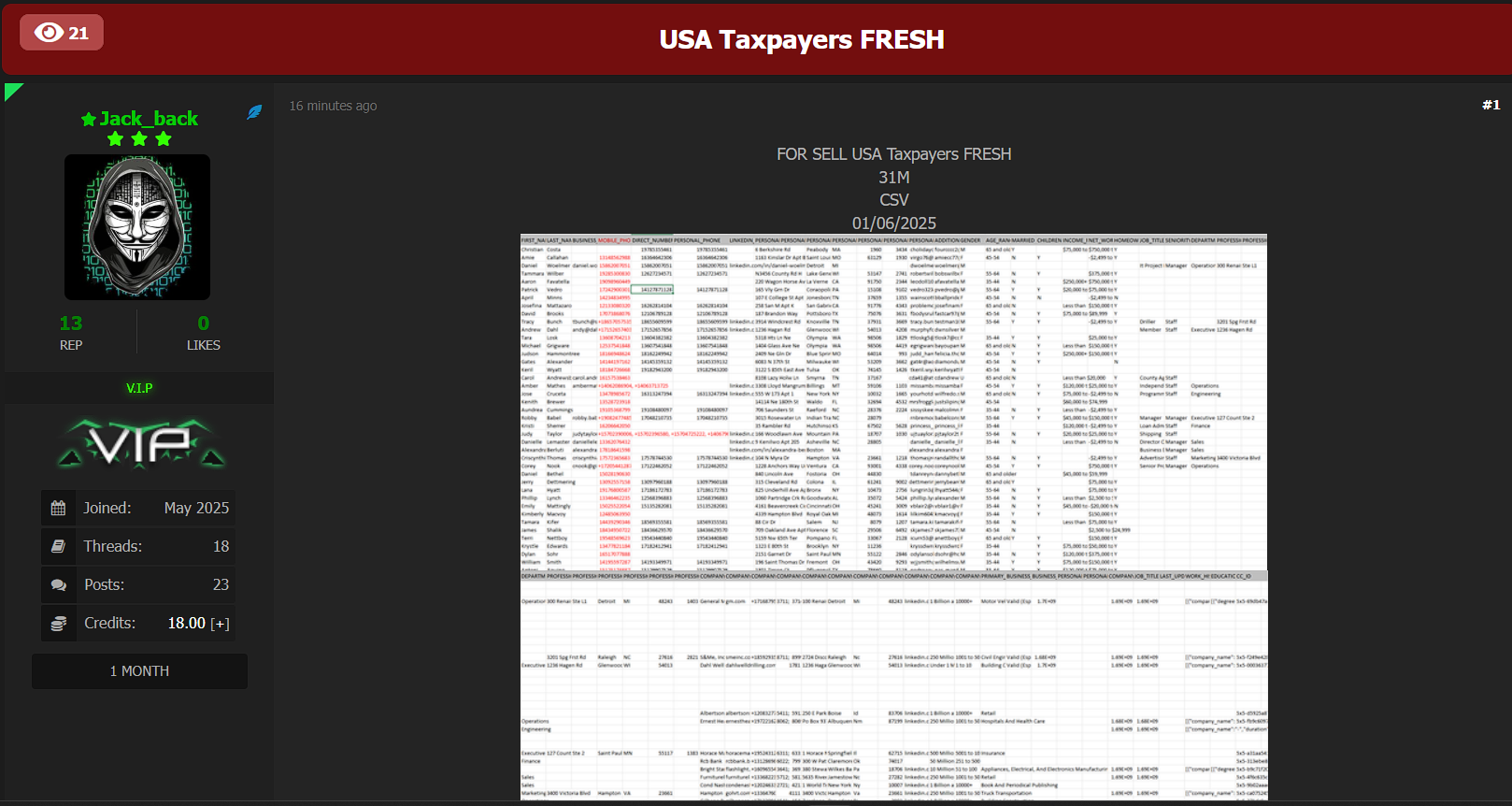 涉嫌出售美国3100万纳税人数据-xLab 威胁情报