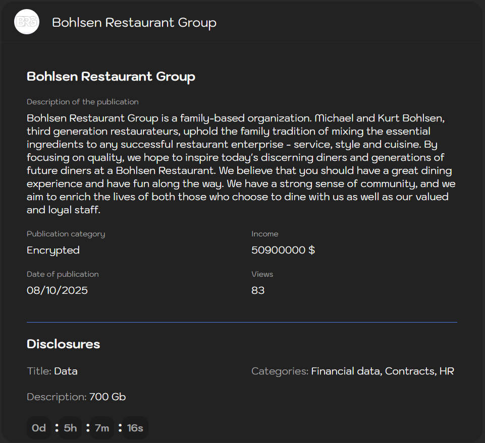 Bohlsen Restaurant Group成为sinobi勒索软件的受害者-xLab 威胁情报