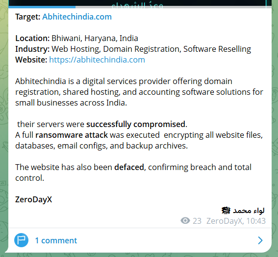 Liwaa Muhammad瞄准Abhitechindia网站-xLab 威胁情报