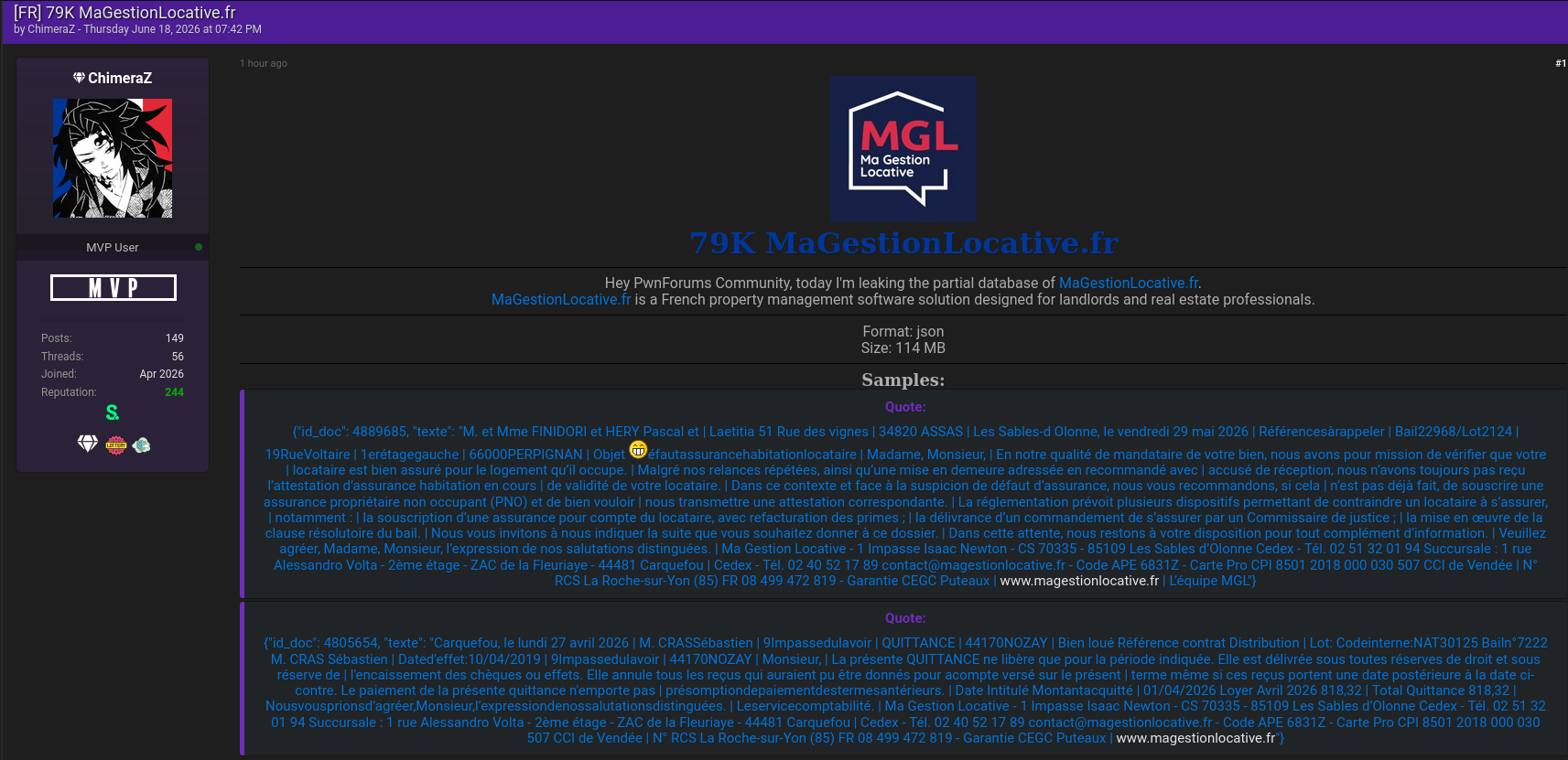 Alleged data breach of Ma Gestion Locative-xLab 威胁情报