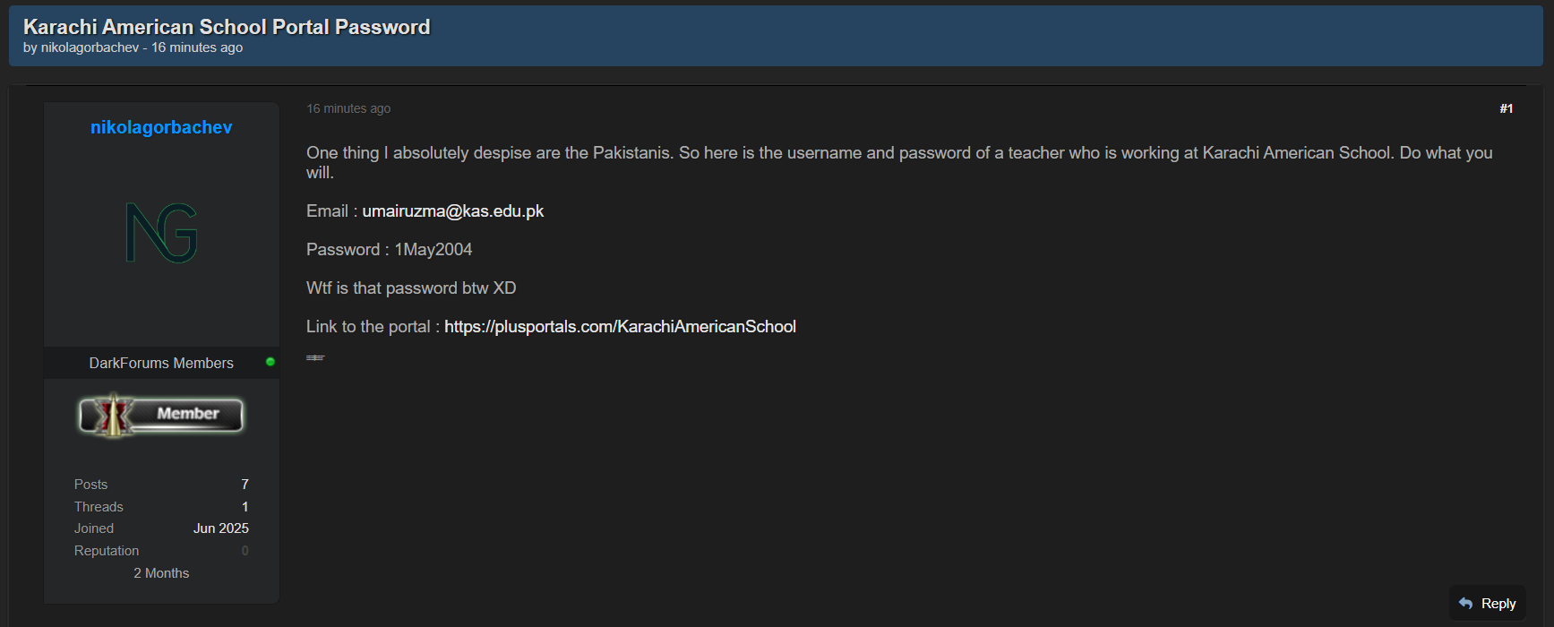 据称向卡拉奇American学校教师门户网站账户泄露凭据-xLab 威胁情报