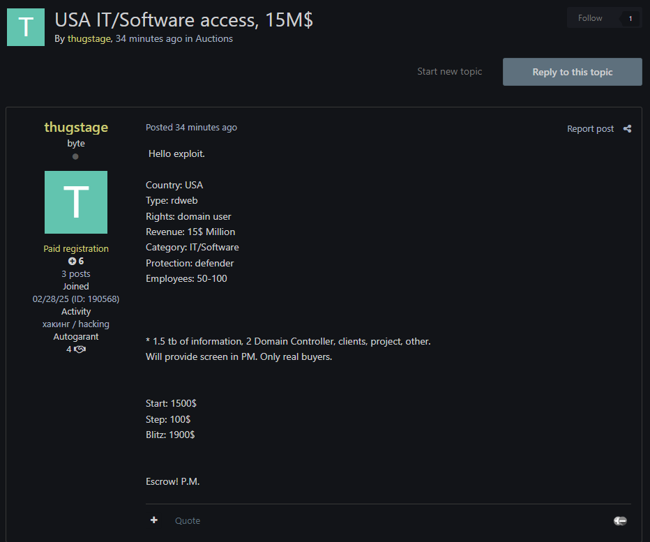 涉嫌向unidentified一家IT公司出售未经授权的rdweb访问权限-xLab 威胁情报