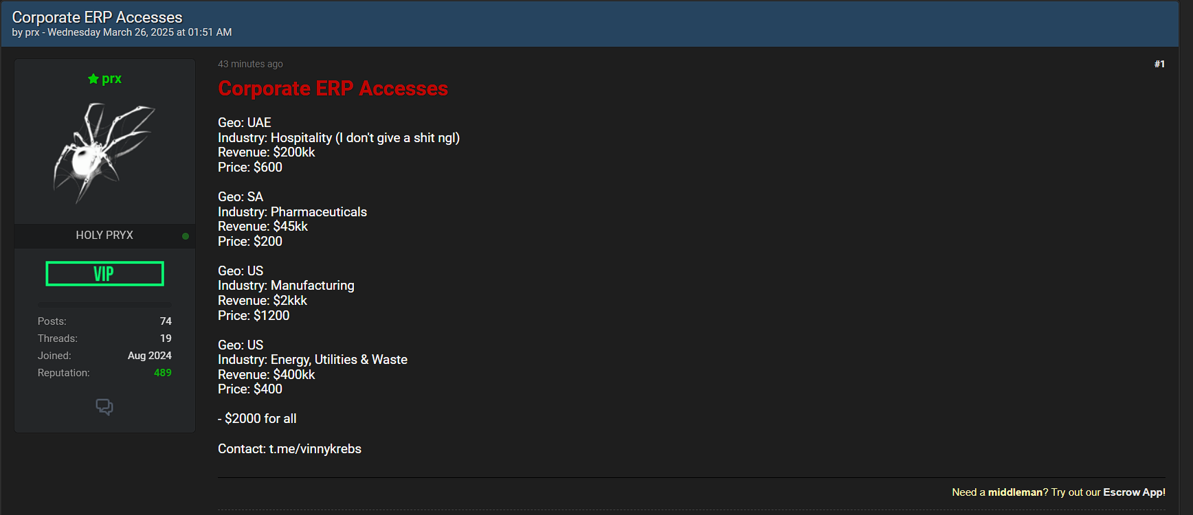 涉嫌向美国一家身份不明的制造业出售ERP访问权限-xLab 威胁情报