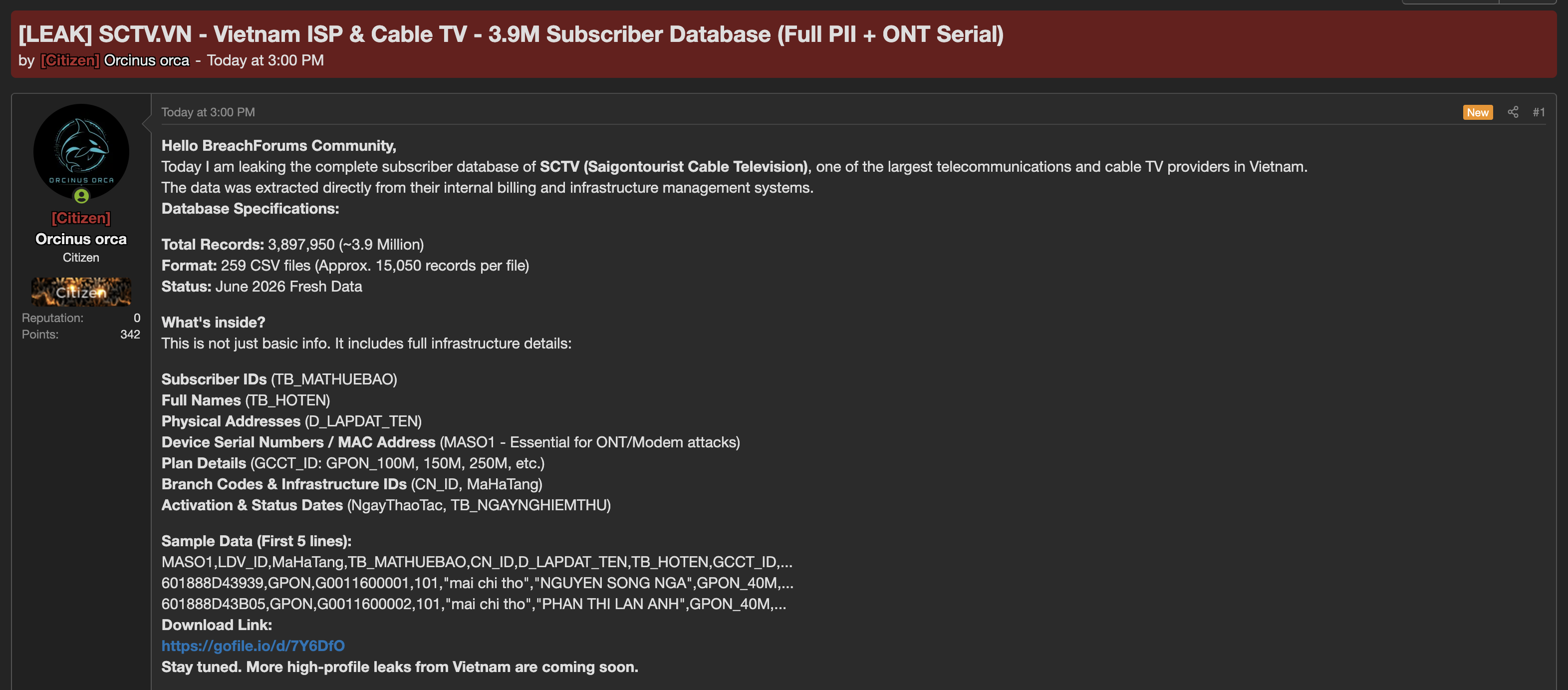 Alleged Data Breach of Saigontourist Cable Television-xLab 威胁情报