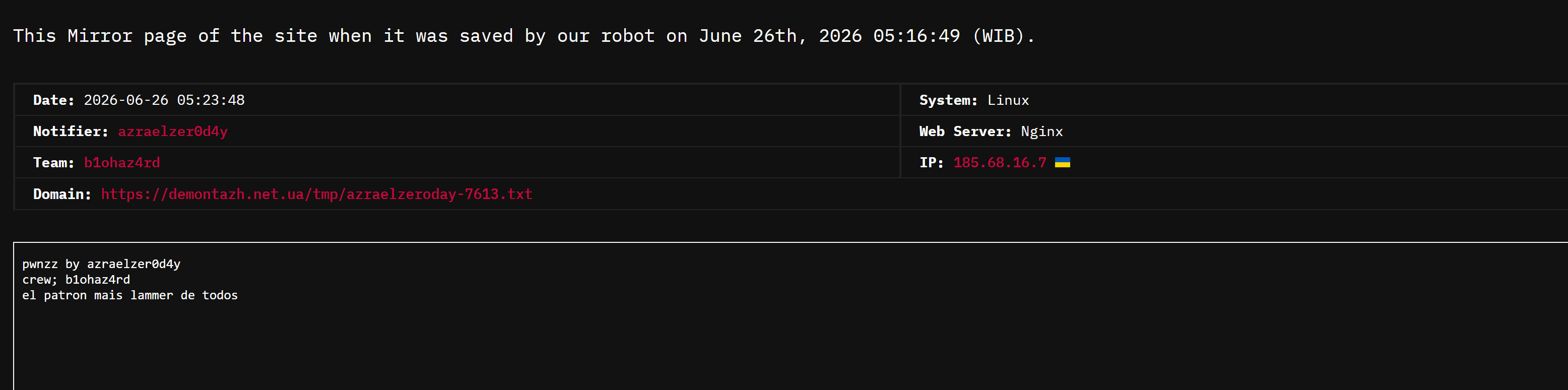 azraelzer0d4y targets the website of DEMONTAZH-xLab 威胁情报