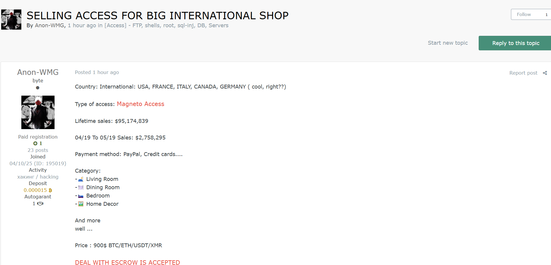 涉嫌出售未经授权的Magento访问身份不明的国际商店-xLab 威胁情报