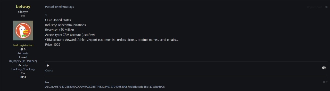涉嫌出售对身份不明的美国电信组织的访问权限-xLab 威胁情报