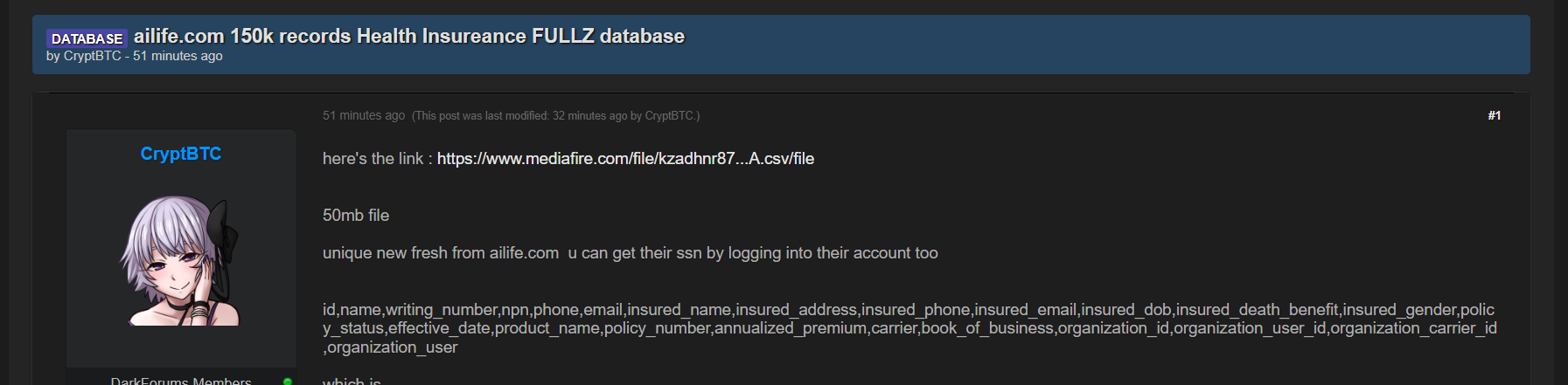 American收入人寿insurance公司涉嫌数据外泄-xLab 威胁情报