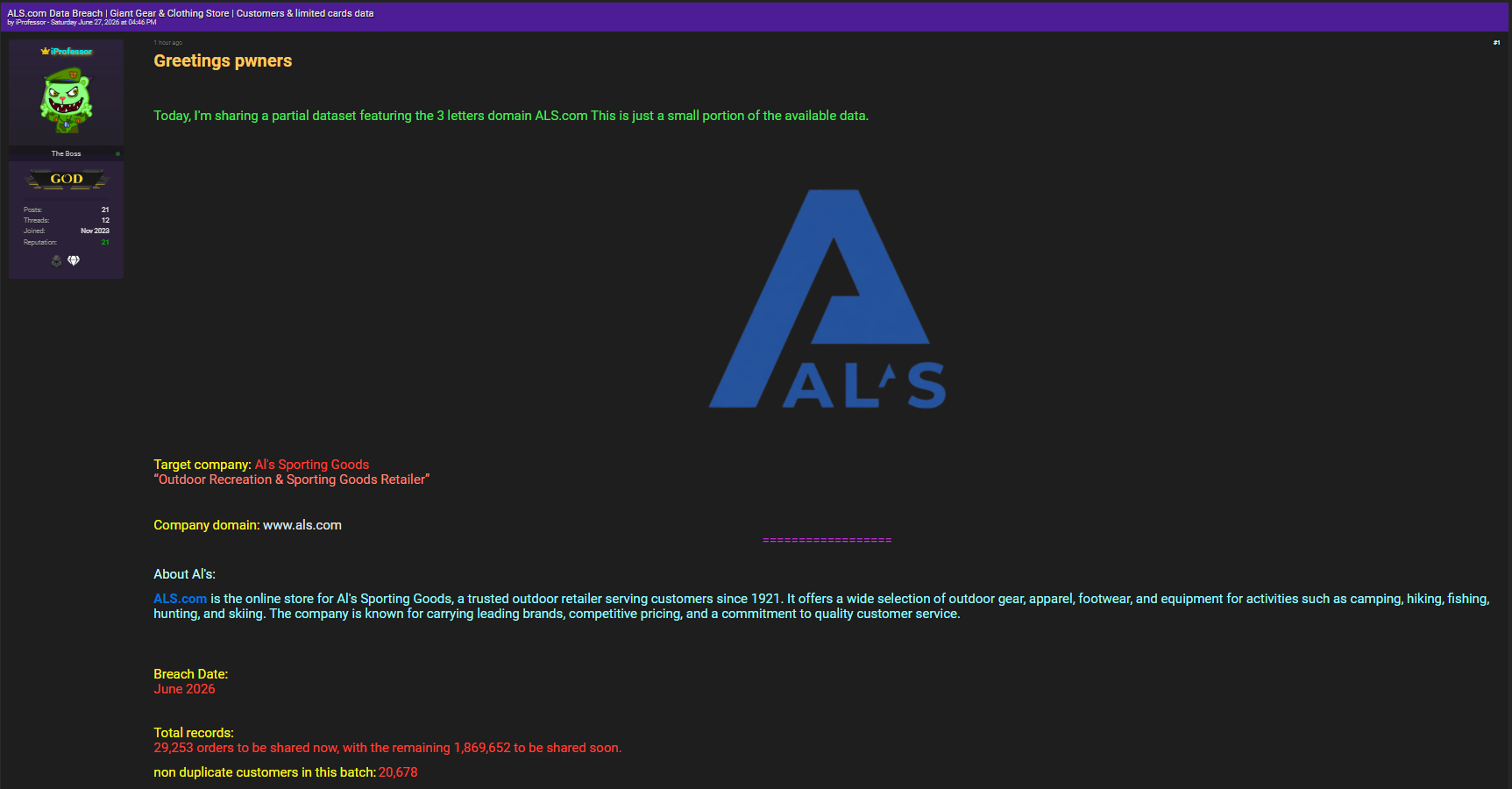 Alleged data breach of Al's Sporting Goods-xLab 威胁情报