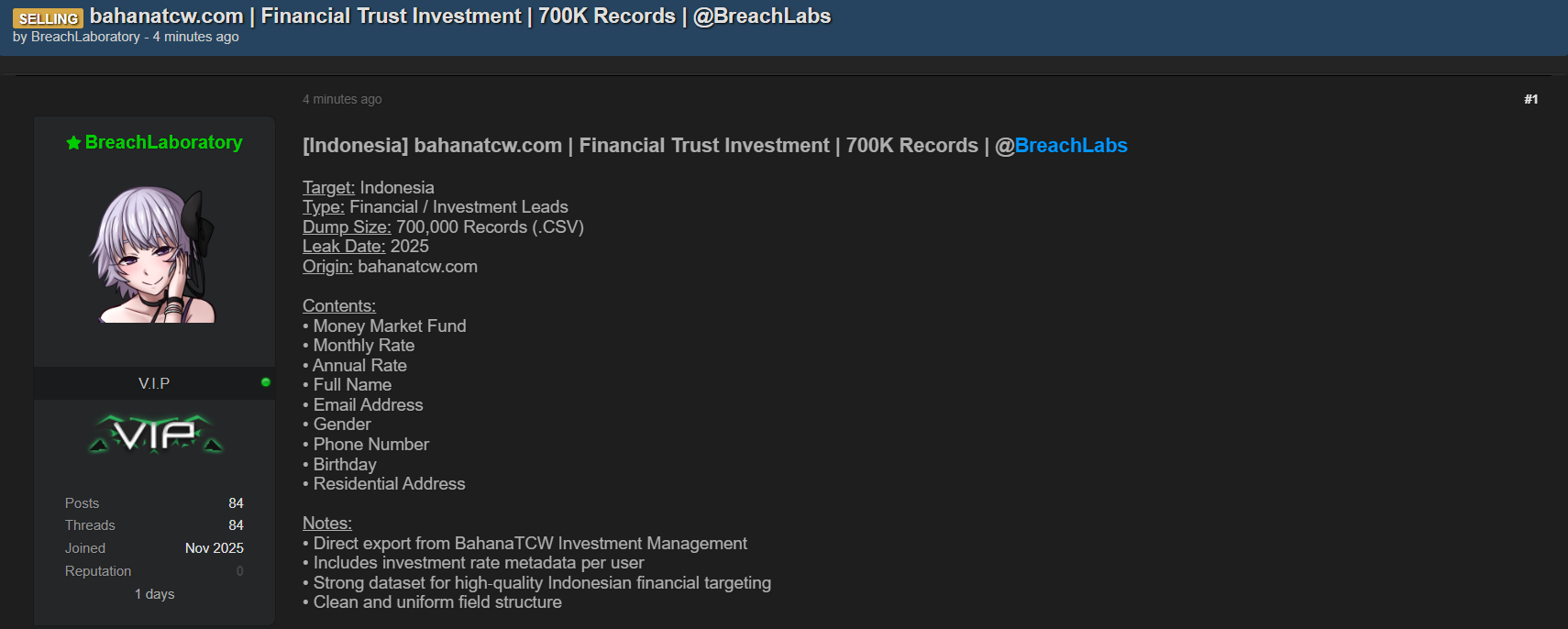 Bahana TCW Investment Management涉嫌出售数据-xLab 威胁情报