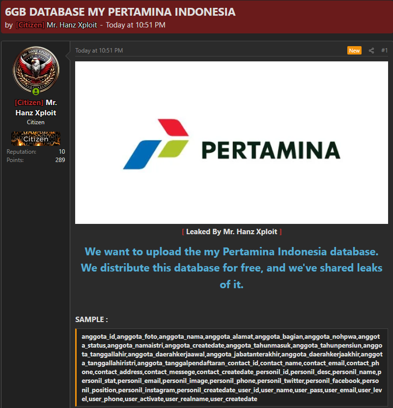 Alleged data breach of PT Pertamina-xLab 威胁情报