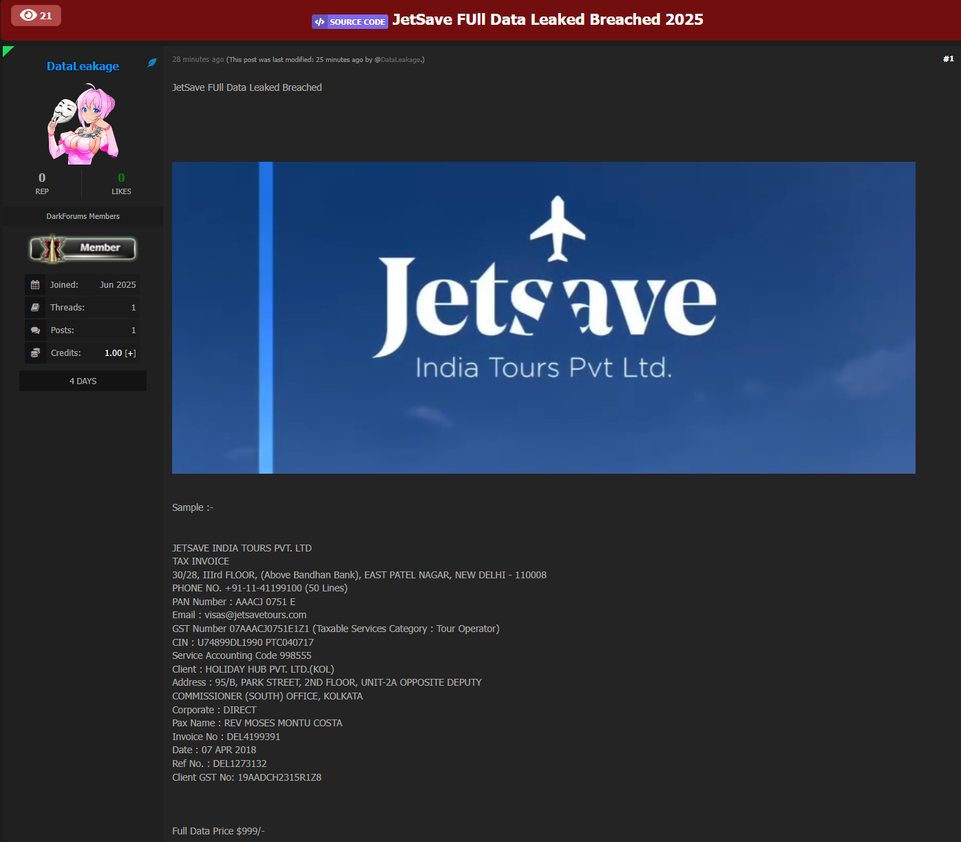 Jetsave India Tours Pvt Ltd涉嫌出售数据库-xLab 威胁情报