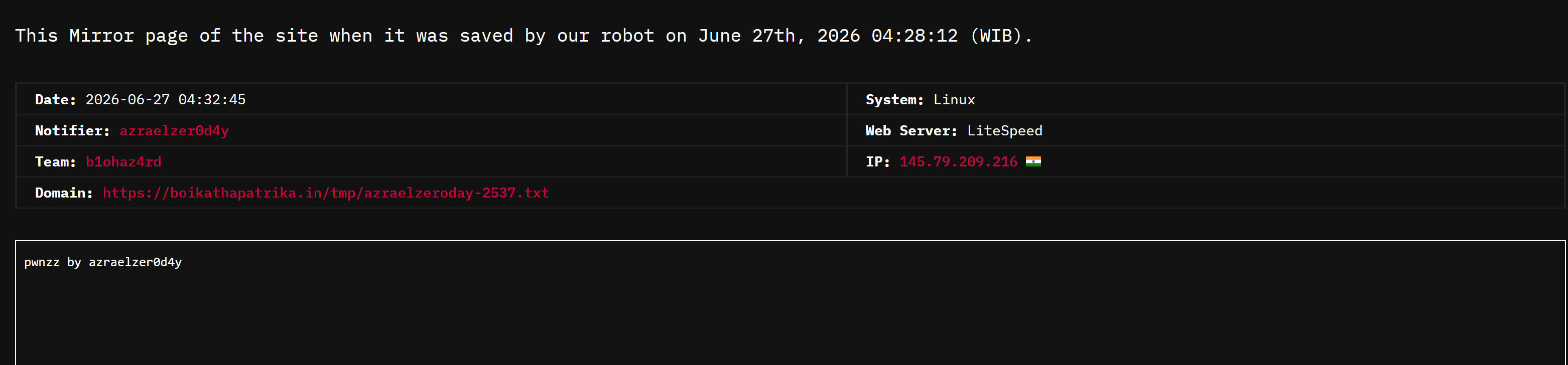 azraelzer0d4y targets the website of Boikatha Patrika-xLab 威胁情报