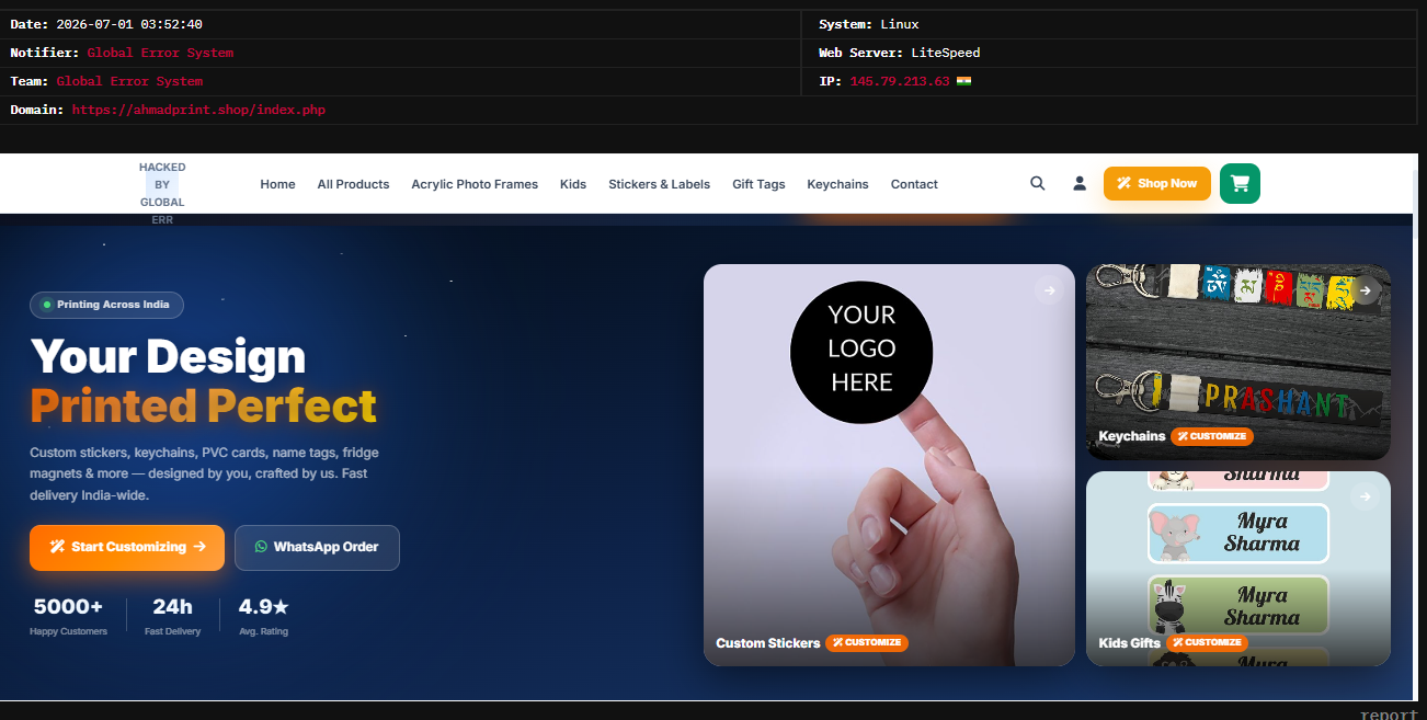 Global Error System targets the website of Ahmad Print-xLab 威胁情报