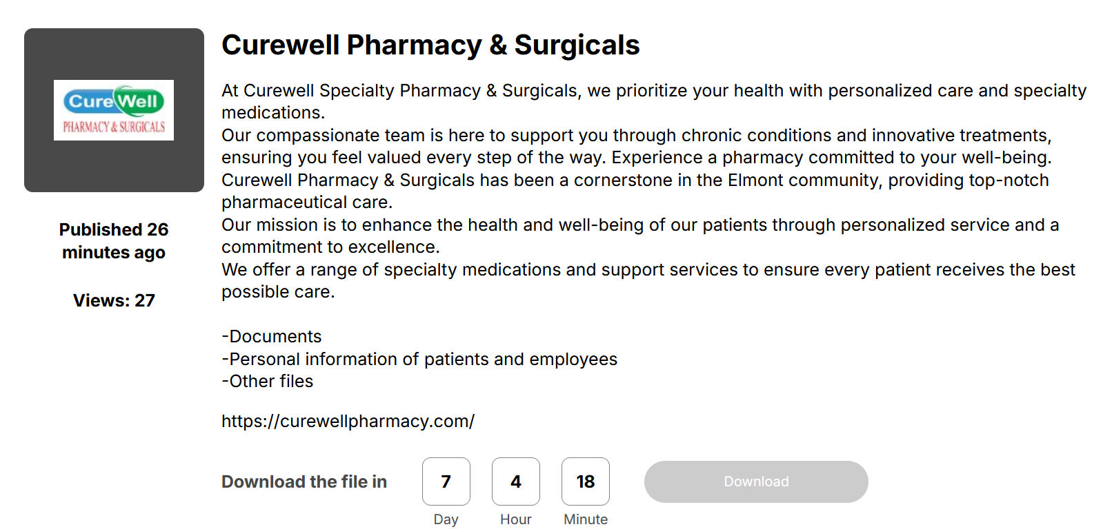 CureWell Pharmacy&Surgicals成为Space Bears勒索软件的受害者-xLab 威胁情报