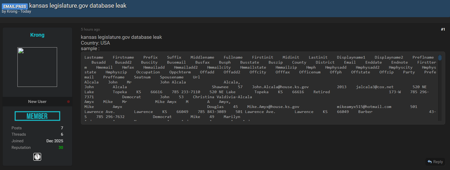 堪萨斯州议会涉嫌数据泄露-xLab 威胁情报
