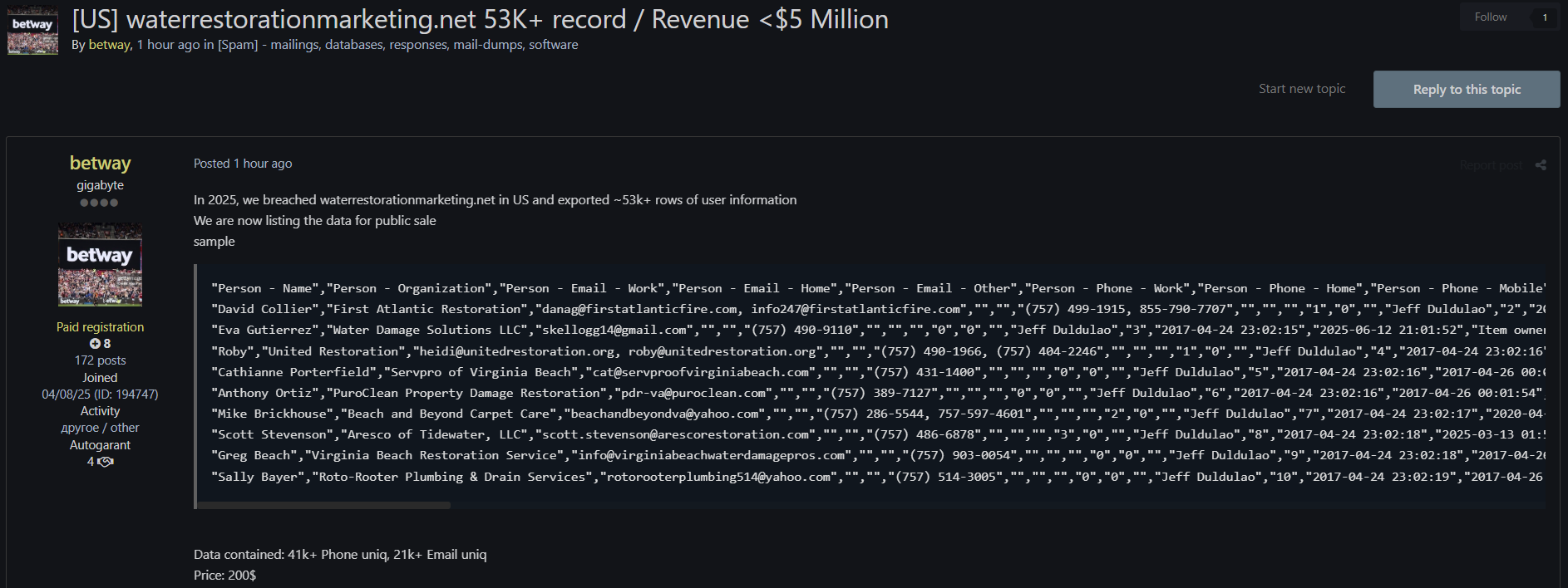 美国水修复营销涉嫌数据外泄-xLab 威胁情报
