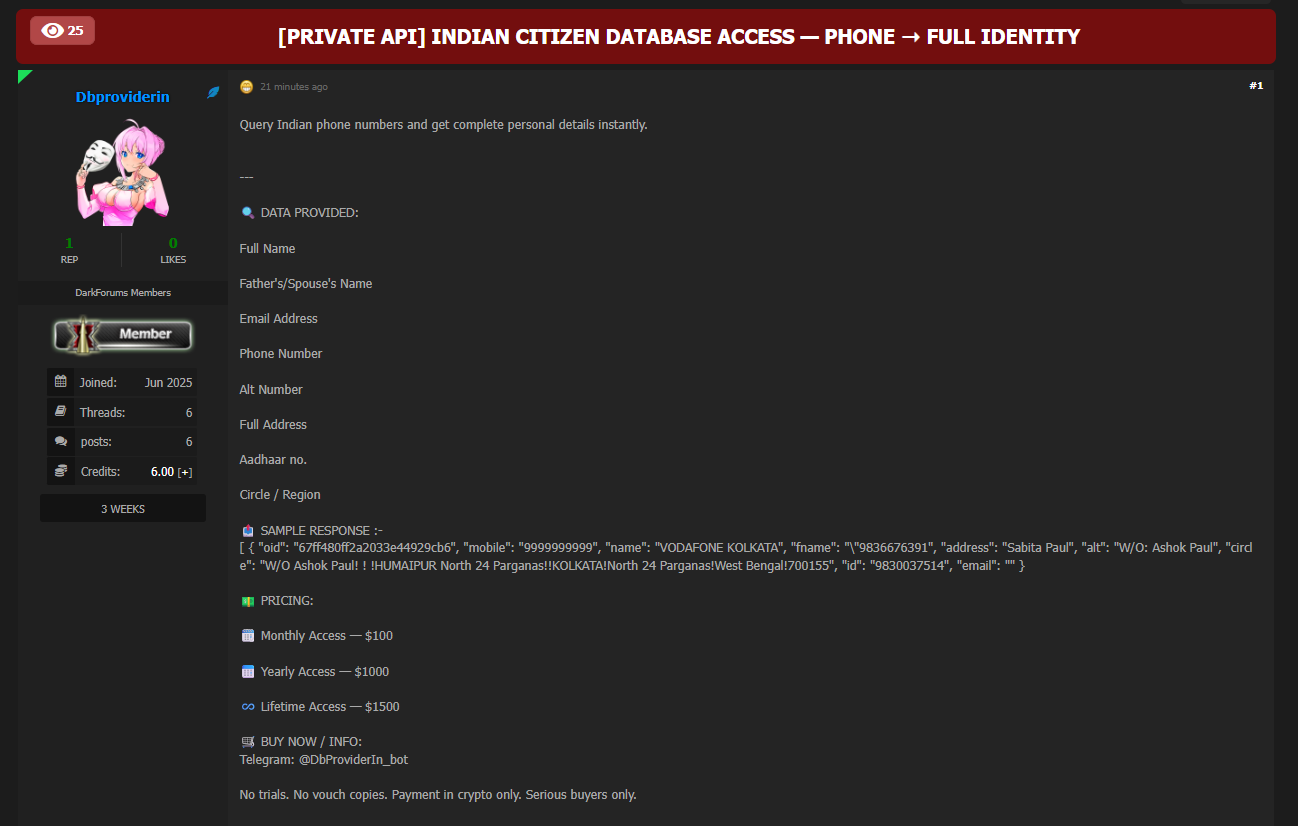 印度公民数据库涉嫌数据出售-xLab 威胁情报